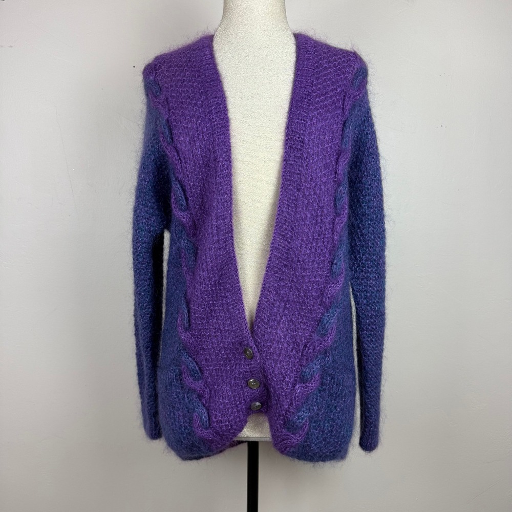 Ellen Tracy Cardigan Women S Purple Blue Mohair Hand Knit Vintage Cable